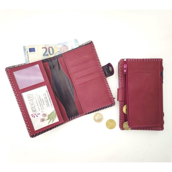 Cartera billetero con monedero de piel magenta