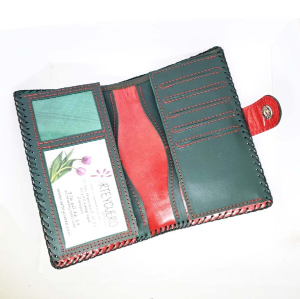 Cartera billetero de piel verde/rojo