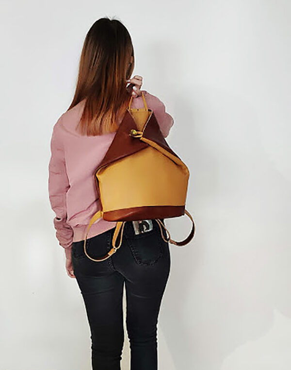 Tienda online de artículos hechos a mano en cuero y piel. Artesanos del cuero. Mochila bolso antirrobo de piel mochila boton mostaza 1 Mochila bolso antirrobo de piel